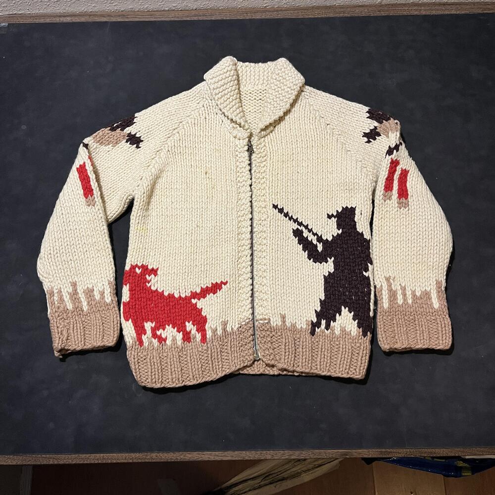 Vintage Hunting Cowichan 50s Hunter Dog Pheasant Sweater Cream Zip Cardigan Knit